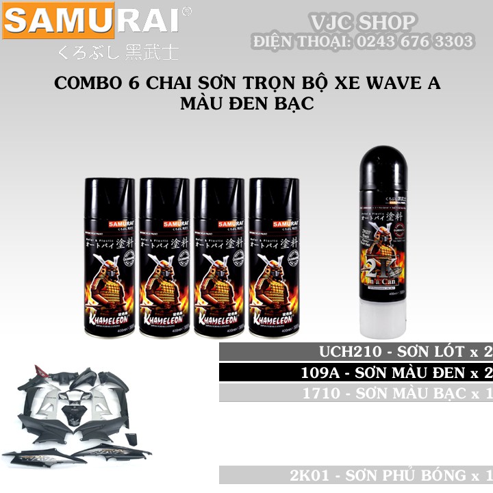 Combo 6 chai sơn Samurai trọn bộ xe Wave A màu đen bạc