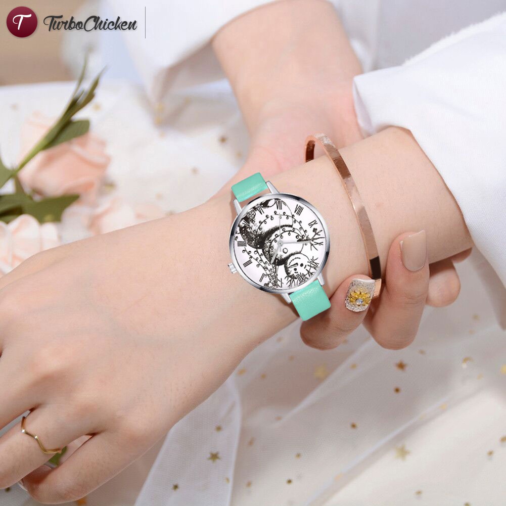 #Đồng hồ đeo tay# Cartoon Snowman Quartz Watches Round Dial Women Watches Faux Leather Strap Watch