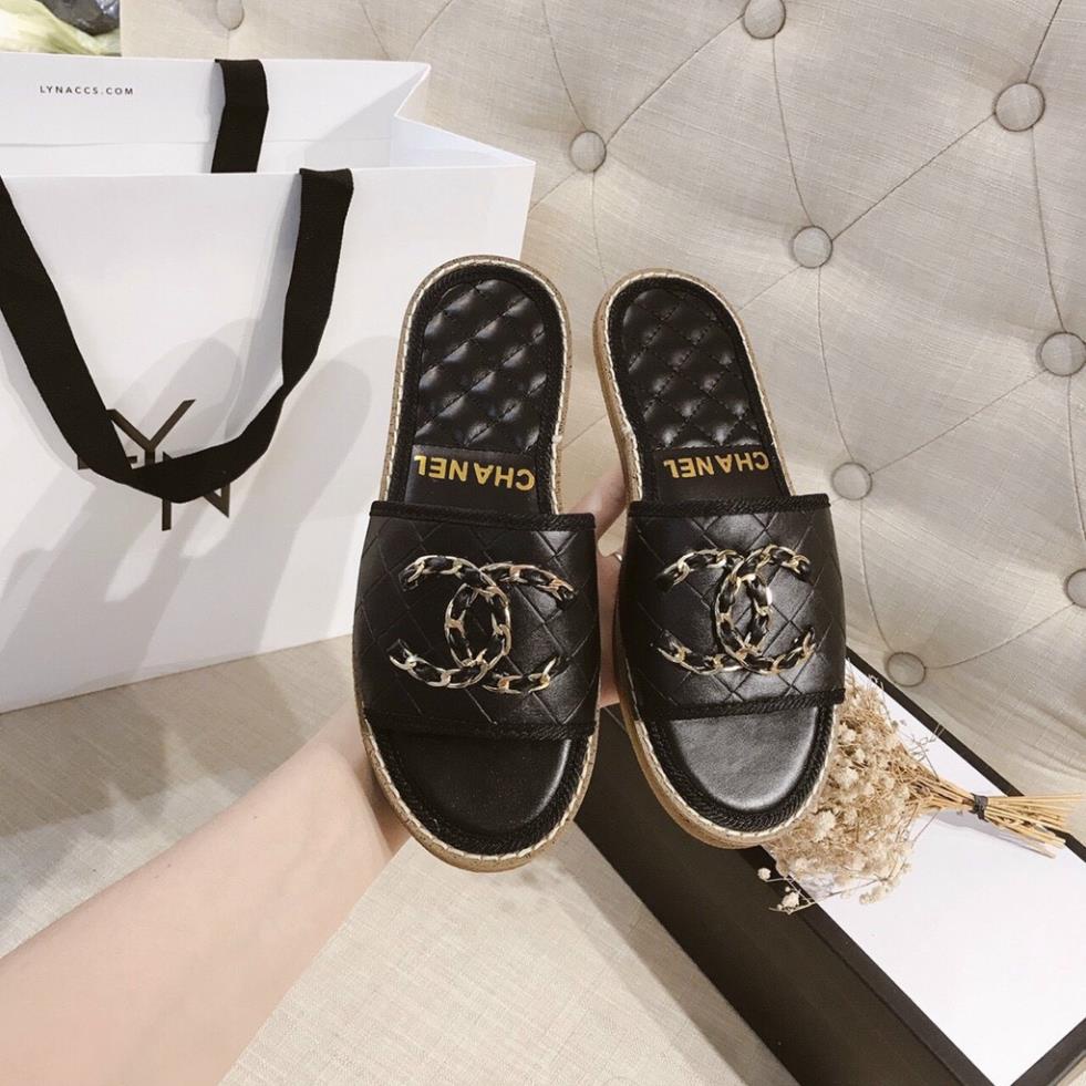 Dép lê viền cói chanel xích quai ngang màu đen cực êm chân phù hợp với mọi lứa tuổi ( ảnh thật ) ( thêu X xích ) ALo