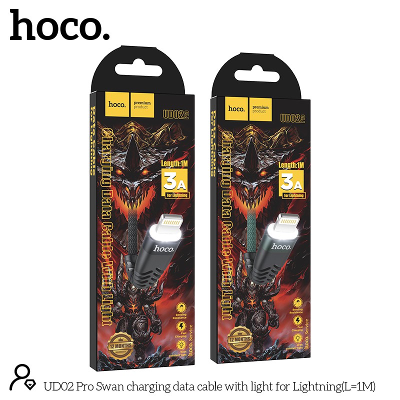 Cáp sạc nhanh Hoco UD02 Pro Lightning dài 1m, có đèn led -Dành cho thiết bị của Iphone, Ipad