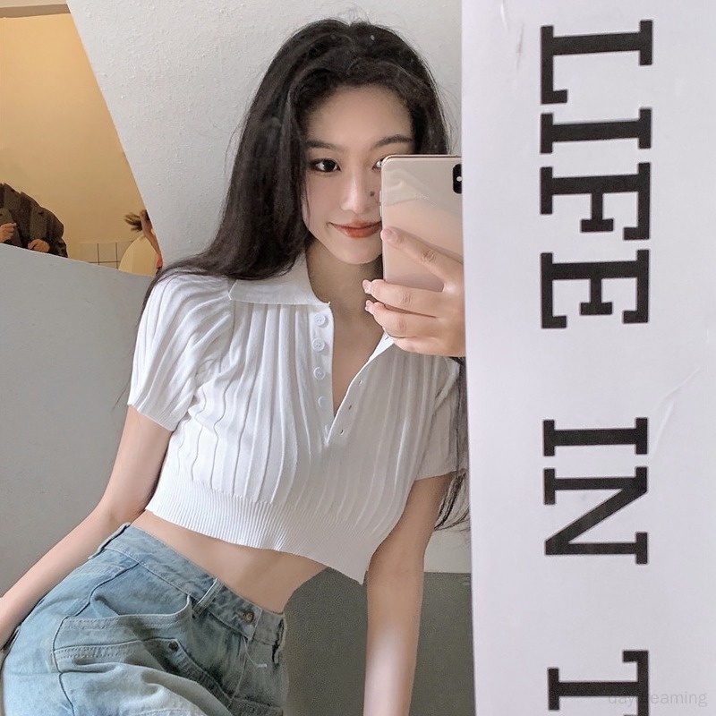 Áo Croptop Dệt Kim Màu Sắc Đơn Giản Phong Cách Hàn Quốc Cho Nữ