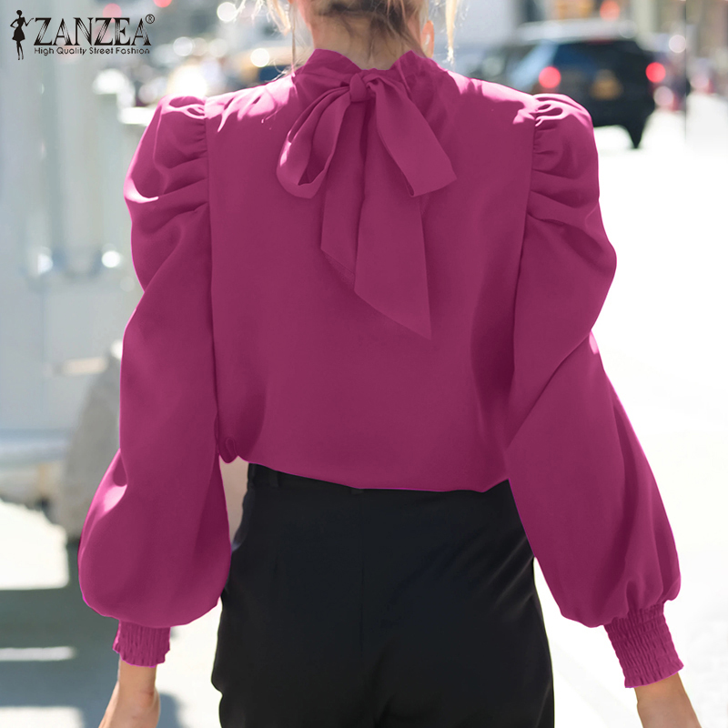 Áo Kiểu ZANZEA Tay Phồng Dài Màu Trơn Thời Trang Cho Nữ