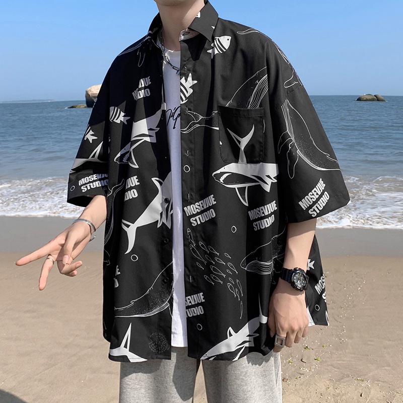 Áo Sơ Mi Tay Ngắn Dáng Rộng Thoáng Khí In Hình Cá Voi Phong Cách Retro Hàn Quốc Cho Nam