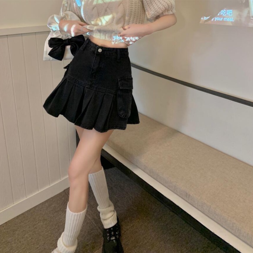 ZHELIHANGFEI Chân Váy Denim Chữ a Xếp Ly Lưng Cao Thời Trang Mùa Hè Cho Nữ