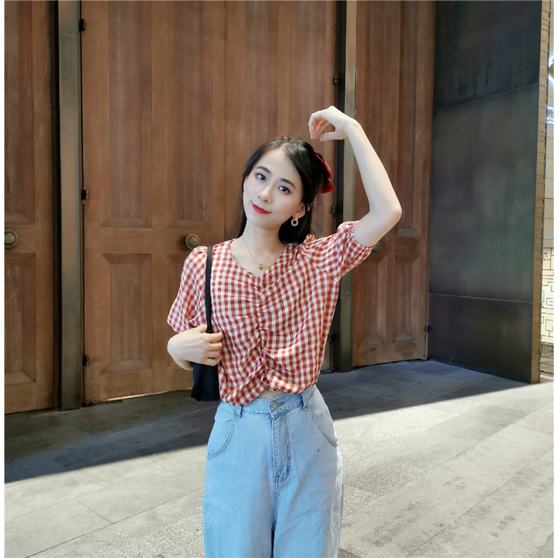 Women's French Retro V-neck Short Sleeve Plaid Shirts Loose Fashion Summer Crop Tops | BigBuy360 - bigbuy360.vn