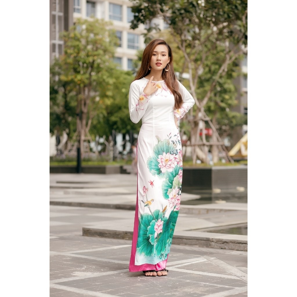 Áo dài truyền thống nữ trắng cổ tròn vải lụa in hoa sen có nhiều size - LASENTUS | BigBuy360 - bigbuy360.vn