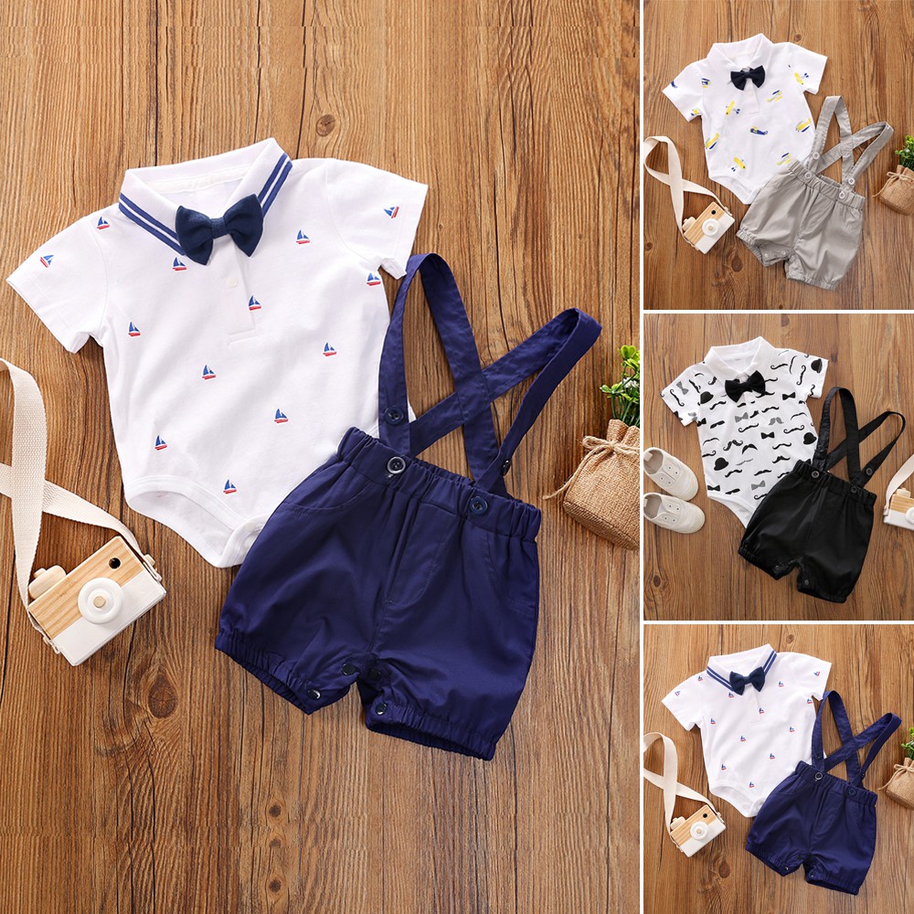 Set áo thun ngắn tay và quần yếm short năng động cho bé trai 0-24 tháng tuổi