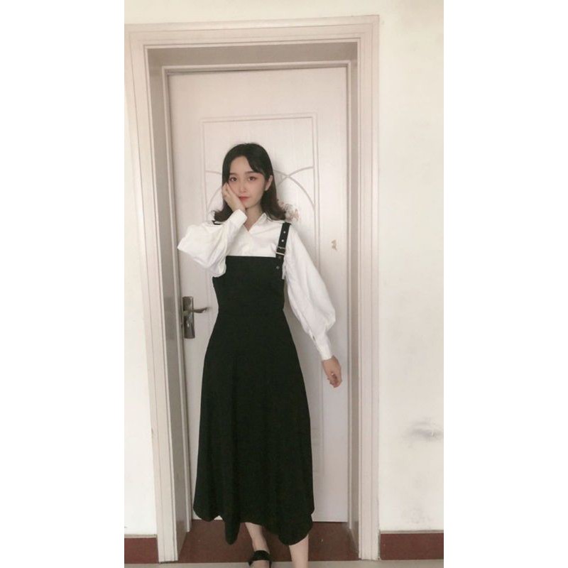 Set Váy Yếm VINTAGE Sơ Mi Tay Bồng Tiểu Thư sét 2 món