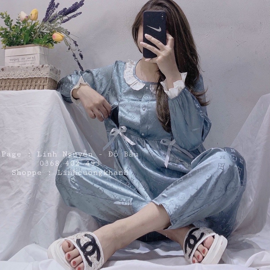 Bộ Pijama Bầu Lụa Gấm Có Cổ, Bộ Bầu Và Sau Sinh 2 Chức Năng Kết Hợp Cho Con Bú Dài Tay HT4619 Honey Mommy