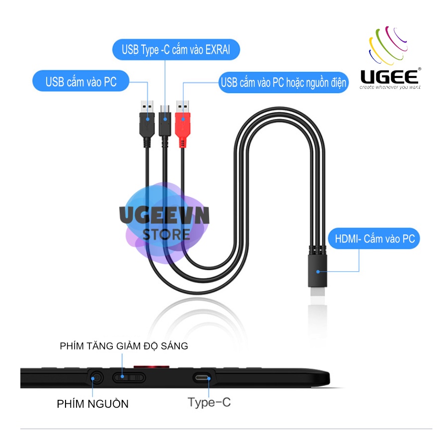Dây cáp 3 trong 1 dành cho bản vẽ màn hình Xp-Pen Artist Pro 12, 13.3, 15.6, 24, Ugee Exrai Pro...