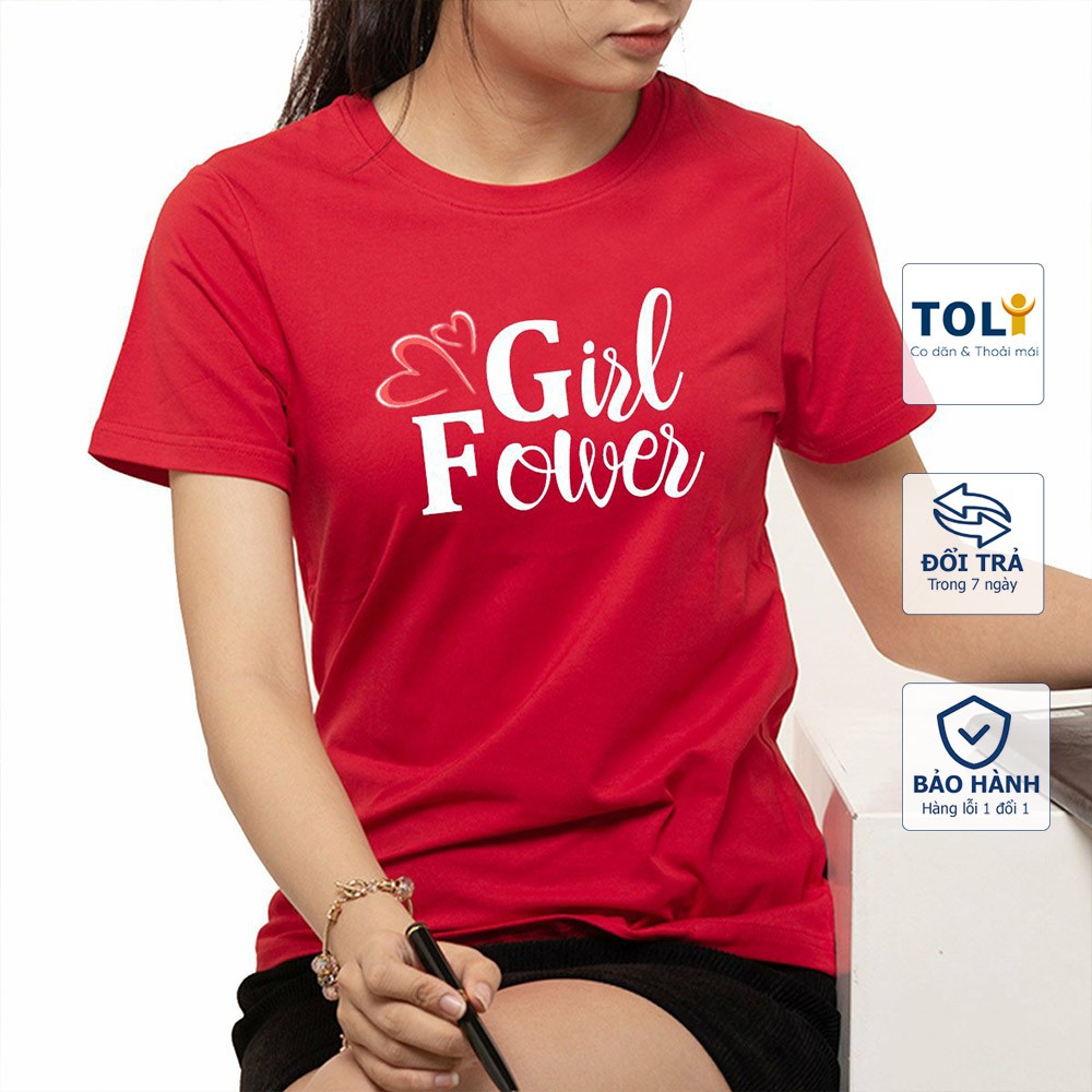 Áo thun nữ TOLI cổ tròn màu đỏ in Girl Flower nhiều màu nền, 100% cotton 4 chiều mềm mịn, co dãn, form suông cơ bản