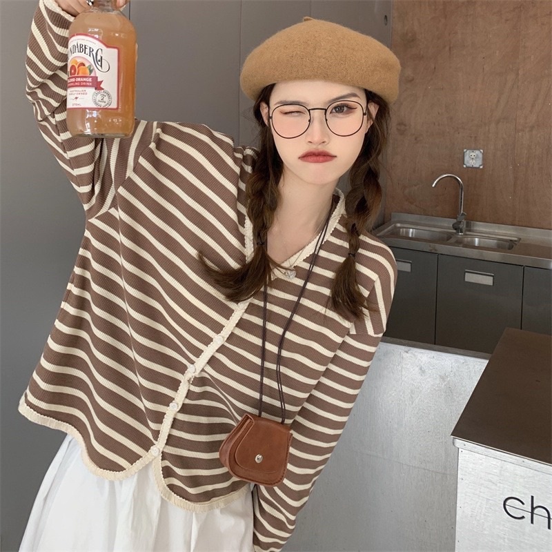 áo khoác cardigan cổ V viền ren dệt kim tay dài họa tiết kẻ sọc thời trang thanh lịch dành cho nữ hàng Quảng châu