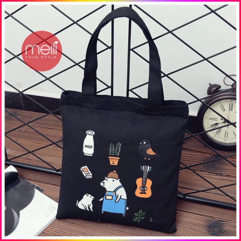 Túi tote vải canvas có khóa miệng in hình gấu xanh độc đáo siêu hot