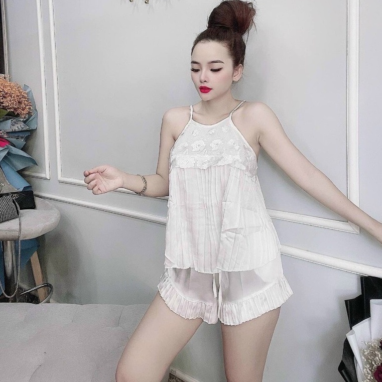Đồ Ngủ Sexy Yếm 2 Dây Dập Ly Phối Ren Chất Liệu Lụa Satin Mềm Mịn Mát Freesize 40-65kg - CN013 CINY | BigBuy360 - bigbuy360.vn