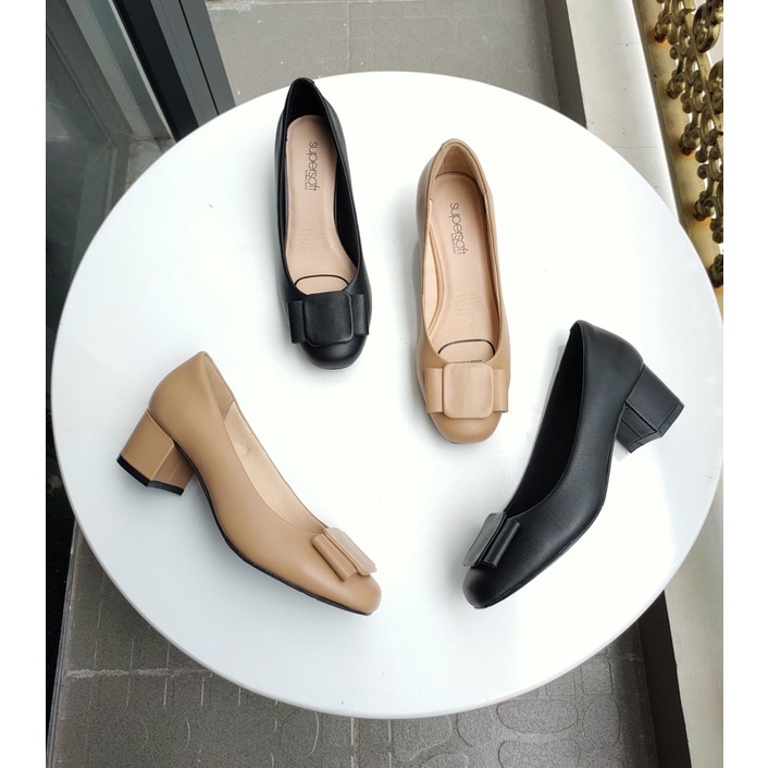 Giày da thật nơ vuông