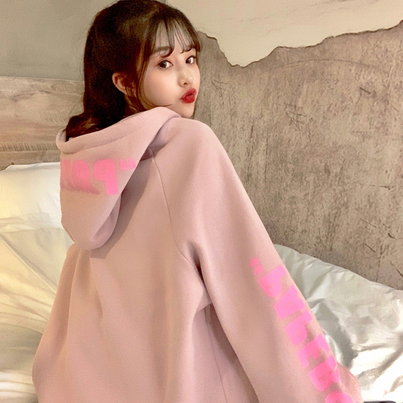 Áo hoodie nữ form rộng dài tay mũ trùm đầu FIRST DATE màu hồng dễ thương SMZ | BigBuy360 - bigbuy360.vn