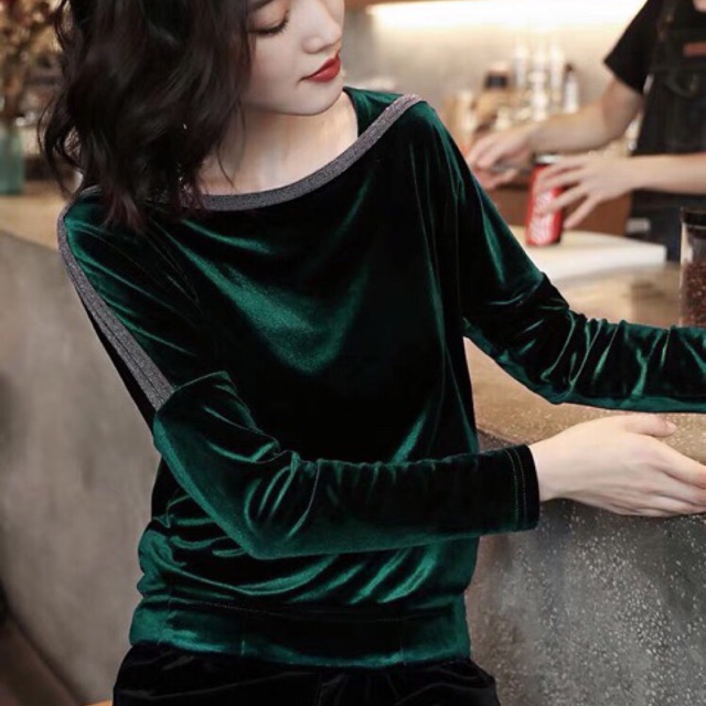 🌙Suteki: Áo kiểu Nhung cổ thuyền viền tay