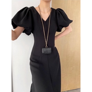 Đầm dạo phố xếp li cổ v tay phồng 2 màu (kèm hình thật)