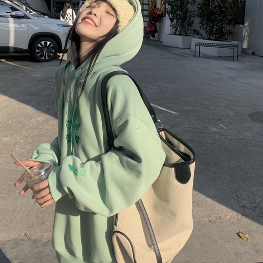 Áo hoodie ZHELIHANGFEI tay dài thêu họa tiết trái tim phong cách Nhật Bản ngọt ngào cho nữ
