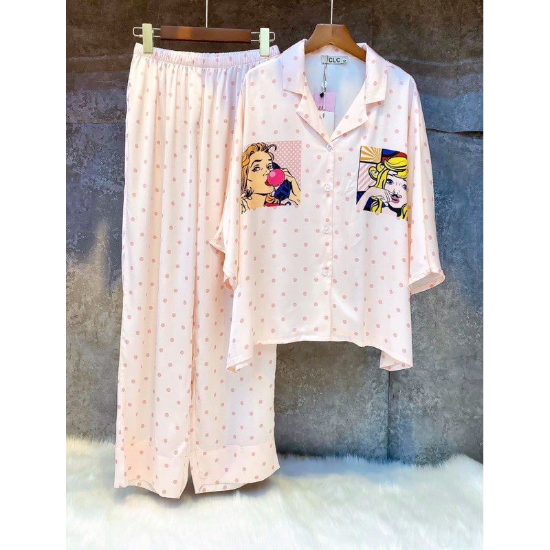 Đồ Bộ Mặc Nhà Pijama Nữ Tay Lỡ Bi Hồng Cao Cấp - Đồ Ngủ Lụa Quảng Châu