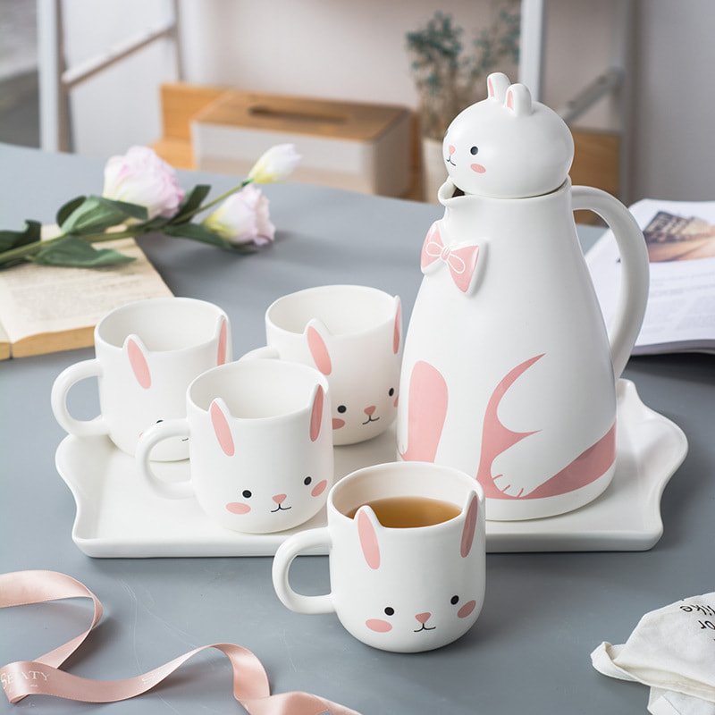 Bộ ấm cốc sứ thỏ hồng xinh xắn, bình uống nước cute: 7.6