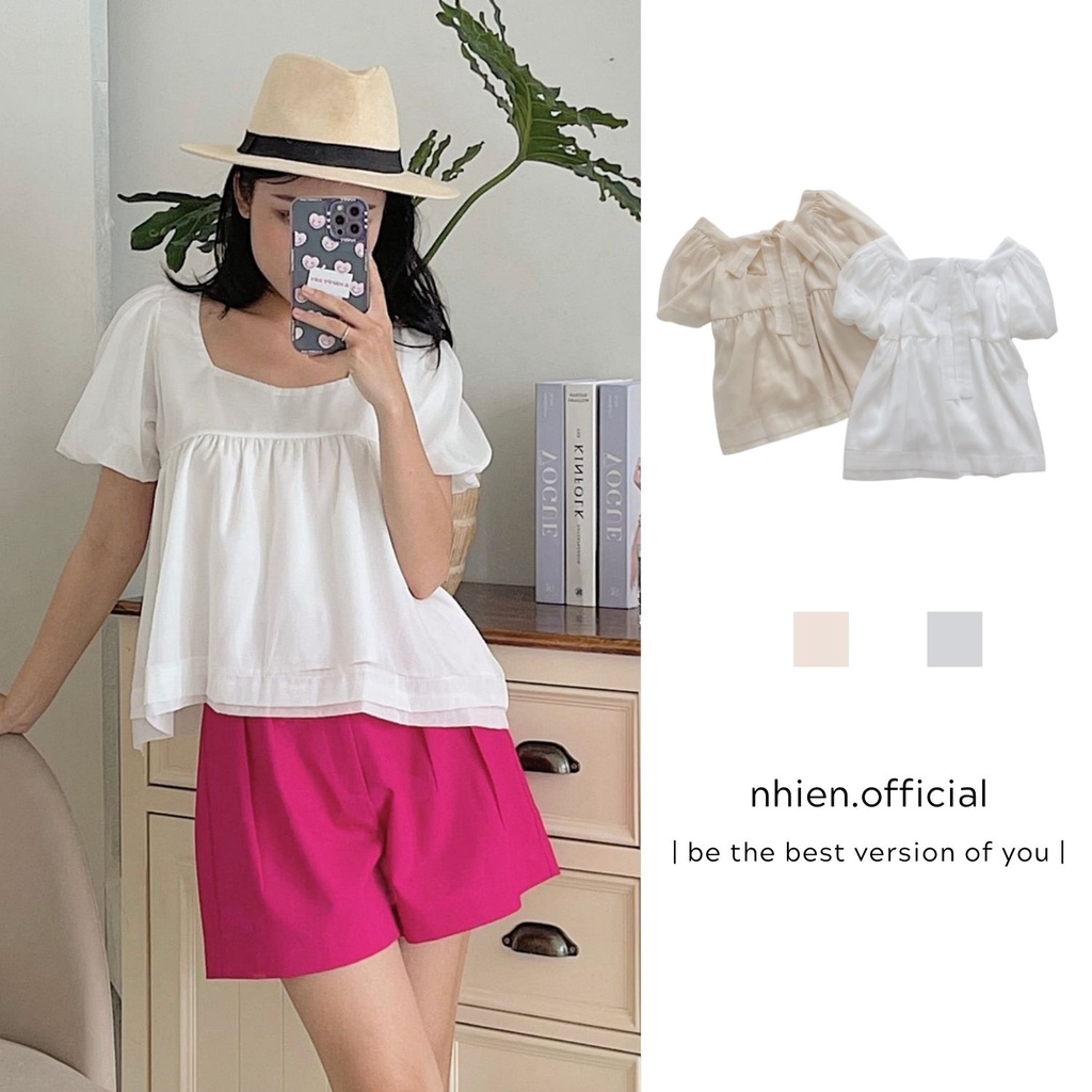 Áo kiểu cổ vuông cột nơ sau nữ nhiennhienvintage BA82