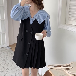 Chic lapel long-sleeved shirt blouse top/V-neck single-breasted sleeveless dress