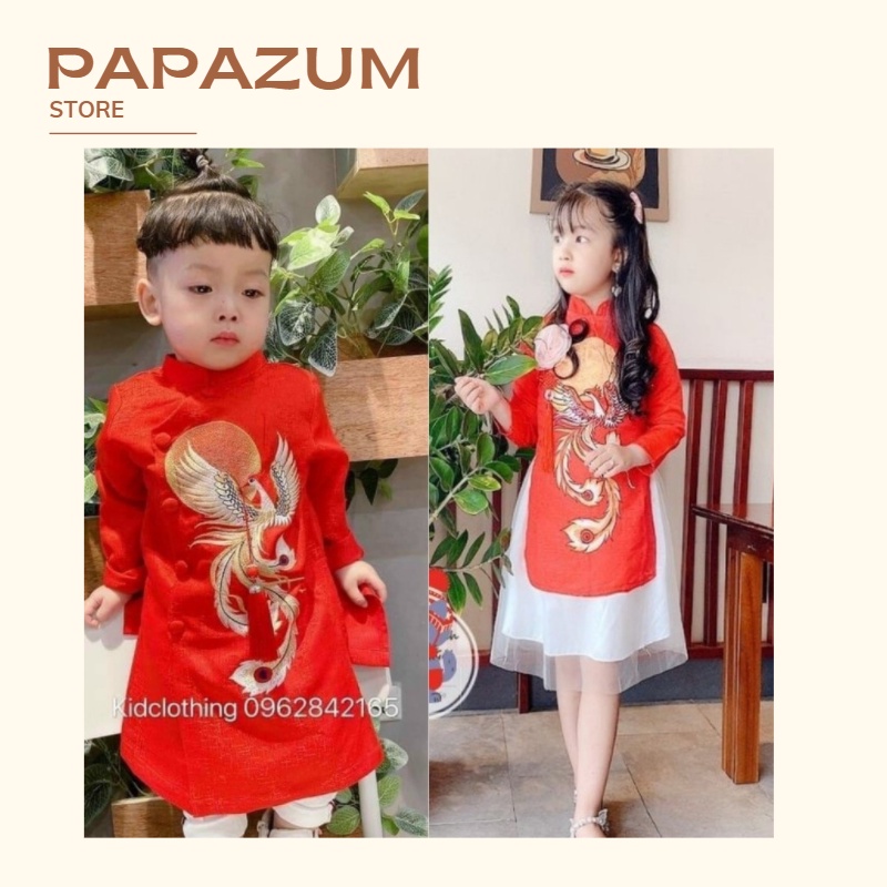 Áo dài cách tân họa tiết rồng phượng chất gấm nhung cho bé đi chúc tết PAPAZUM SE1089