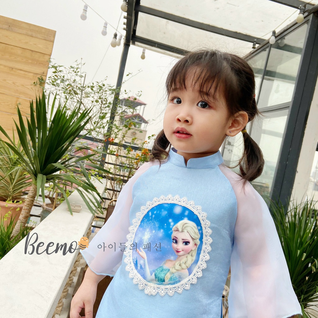 (8-23kg)Set Áo Dài Bé Gái In Hình Elsa Và Chân Váy Trắng Hàng Chính Hãng Beemo(ảnh thật)