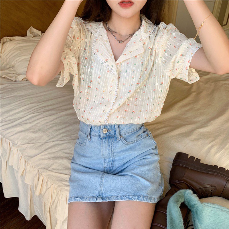 Áo sơ mi phối ren hoa ngắn tay phong cách ngọt ngào mới 43916 | BigBuy360 - bigbuy360.vn