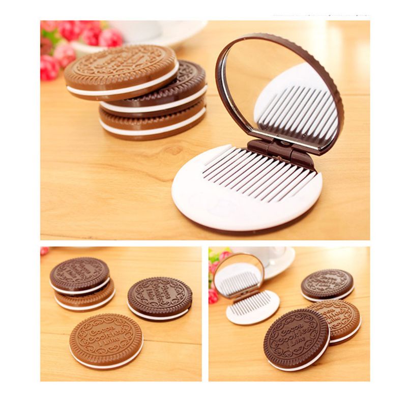 Gương Trang Điểm Mini Bỏ Túi Hình Bánh Quy Socola / Bánh Sandwich Kèm Lược Bỏ Túi Tiện Dụng Cho Nữ