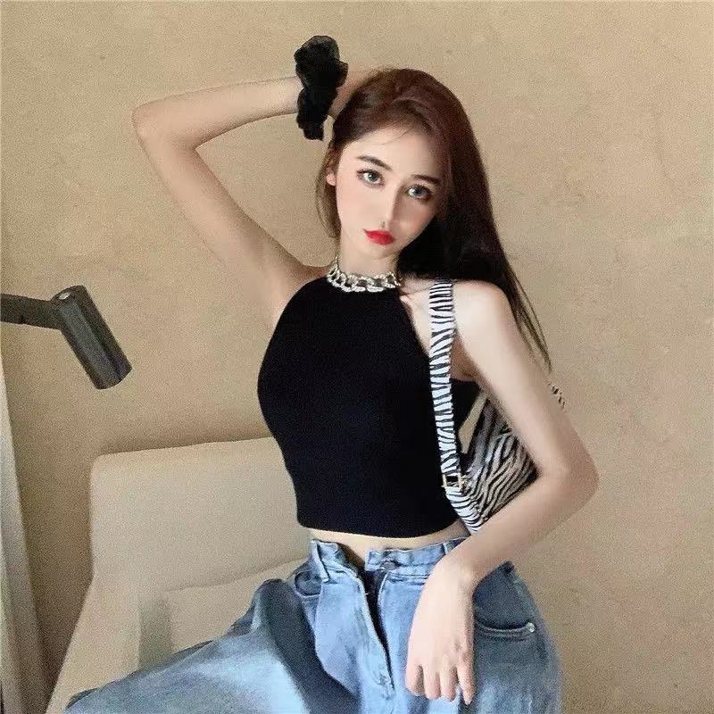 Áo kiểu ZHELIHANGFEI cổ yếm không tay dệt kim ôm dáng vừa vặn hở lưng thời trang mùa hè xinh xắn dành cho nữ