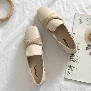 (ORDER- sẵn 39) Giày búp bê phối vải da lộn mũi vuông nhẹ nhàng đơn giản Hàn Quốc