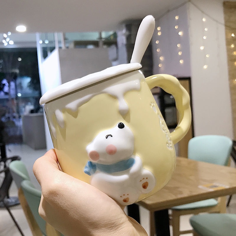 ✨Cốc Uống Nước Bằng Sứ Có Nắp Và Muỗng Họa Tiết Hoạt Hình Phong Cách Hàn Quốc Dễ Thương Cho Học Sinh