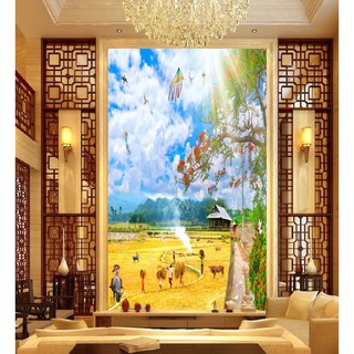 Tranh dán tường phong cảnh làng quê - vải lụa