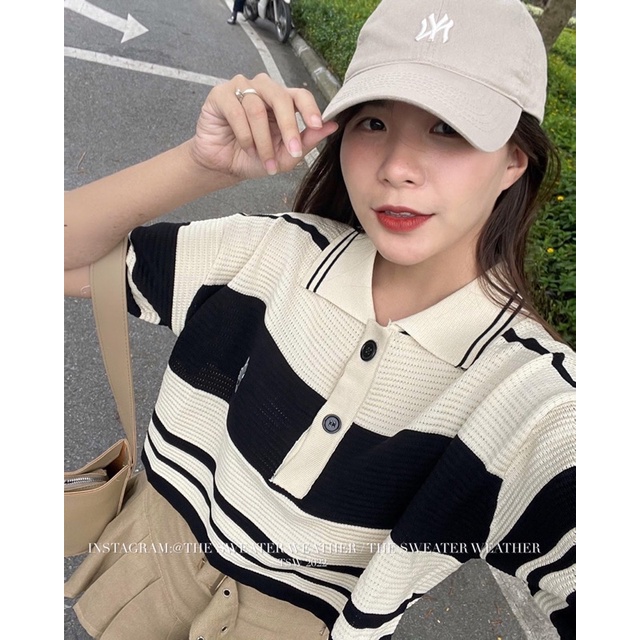 Áo/ Váy polo chất len thô be kẻ đen the.sweaterweather TSW
