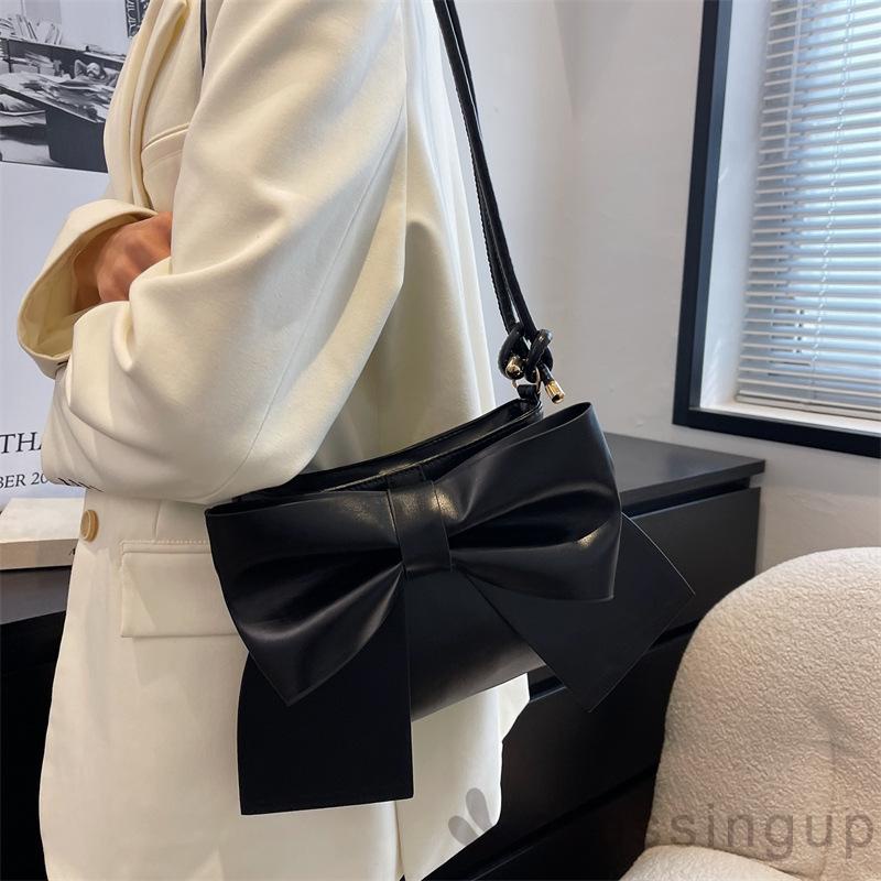 DRE-Female Shoulder Bag, Multipurpose Solid Color Bowknot Handbag Tote Bag for Women, White/Blue/Black