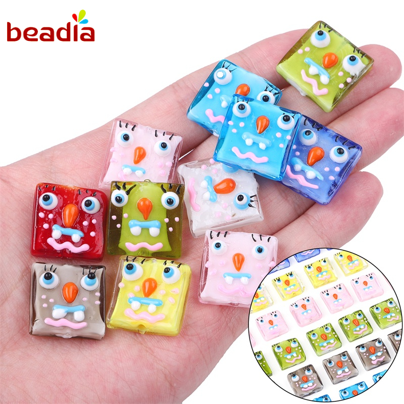 Hạt thủy tinh BEADIA hình vuông họa tiết hoạt hình cảm xúc dùng làm trang sức diy