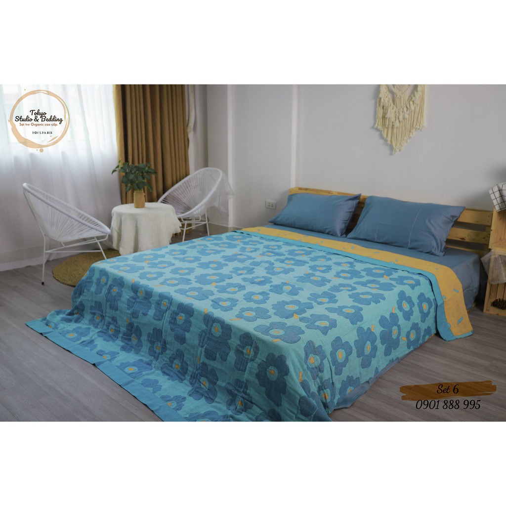 Set 06 _ Chăn Xô Cotton Sợi tre Organic dòng Basic &amp; Ga gối Lụa