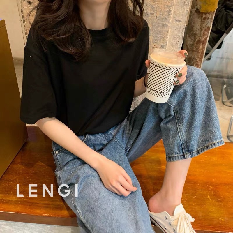 Áo thun cổ tròn trơn nữ basic LENGI  tay lỡ 100% cotton hai màu trắng đen cao cấp - LK005
