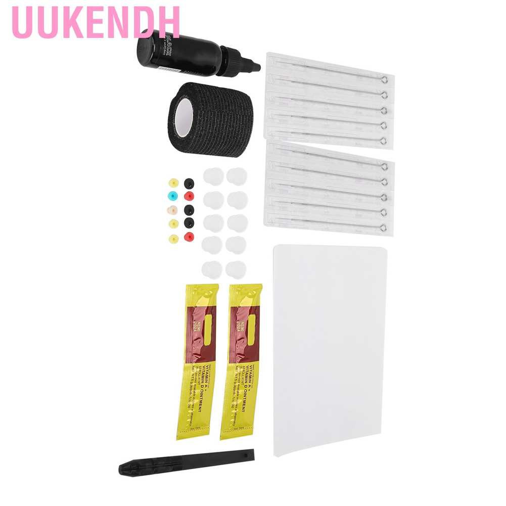 Bộ dụng cụ xăm hình gồm bảng màu + 10 kim xăm + cốc mực xăm + bút xăm + kem phục hồi da + băng quấn