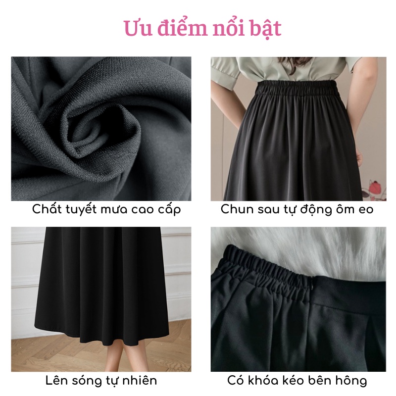 Chân váy Midi dáng dài ulzzang xếp ly công sở chun sau có BIGSIZE đi làm đi chơi chất tuyết mưa đứng form tôn dáng CV47