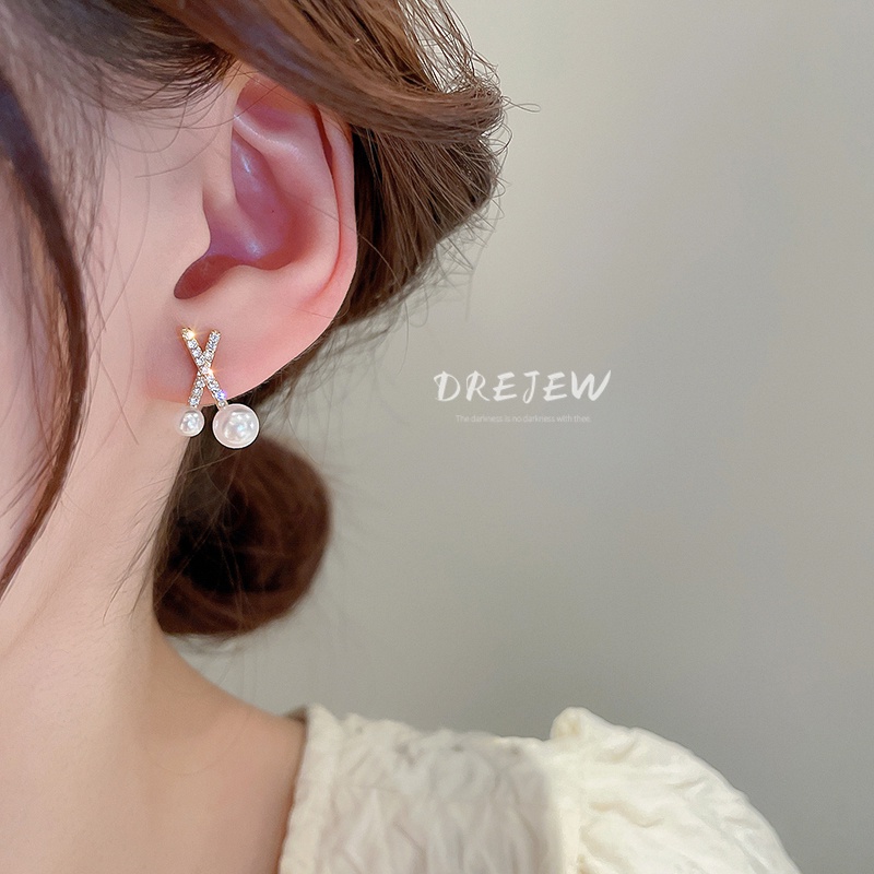 DREJEW Khuyên tai bạc đính đá kim cương và ngọc trai giả phong cách cổ điển dễ phối đồ