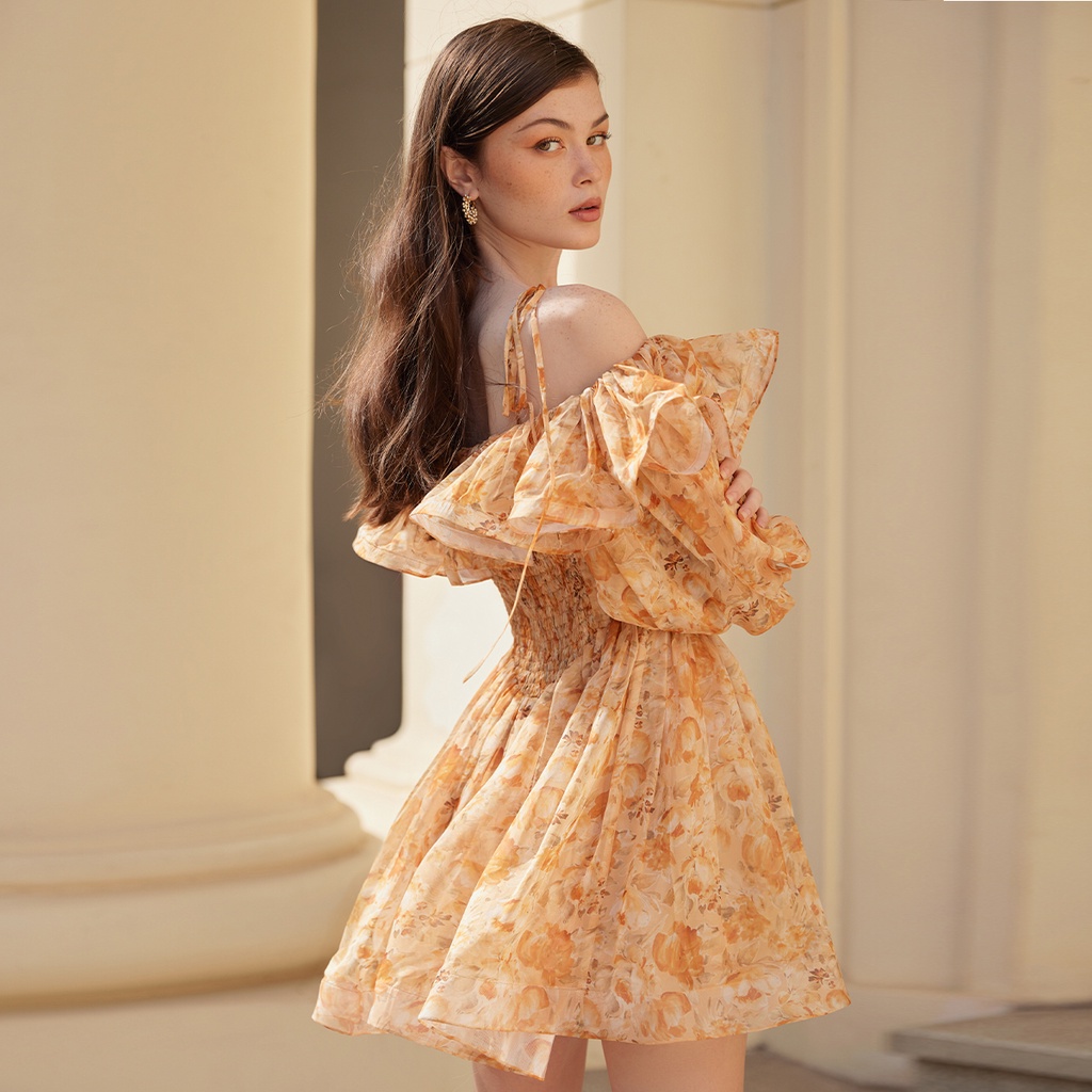 DEAR JOSÉ - Đầm xòe ngắn trễ vai Stella vải voan hoa cam