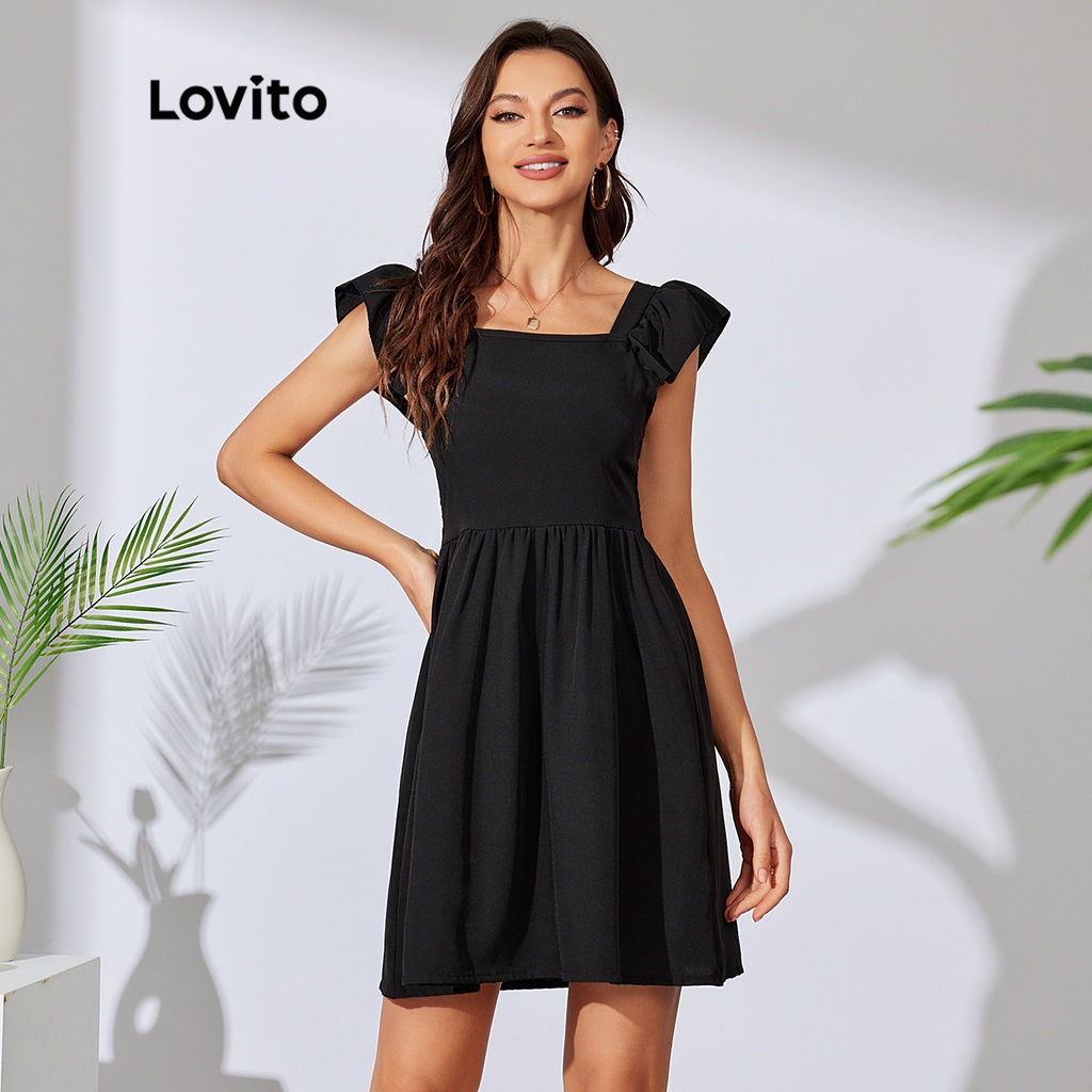 Đầm Lovito dáng chữ A không xù lông cổ vuông tay cánh tiên màu trơn thường ngày L29ED025 (màu đen)