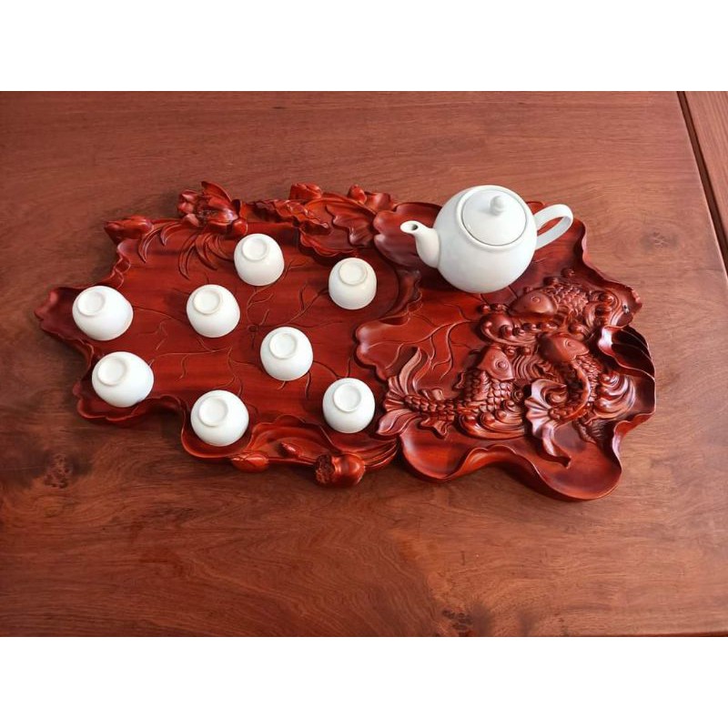 Khay trà cá chép gỗ Gõ nguyên khối (kt 35_65cm)