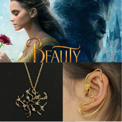 Đôi khuyên kẹp vành tai chất liệu hợp kim mạ vàng phong cách phim Beauty and the Beast