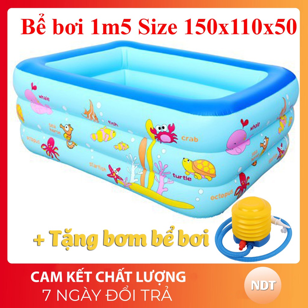 Bể bơi 1m5 3 tầng cho bé hình chữ nhật loại dày 150cmx110cmx50cm + Tặng keo và miếng vá