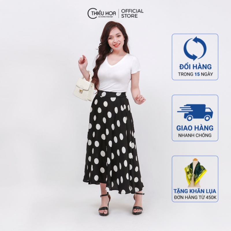 Chân váy nữ trung niên dài sang trọng in chấm bi chất liệu Chiffon cao cấp làm quà cho mẹ Thương hiệu Thiều Hoa E0321