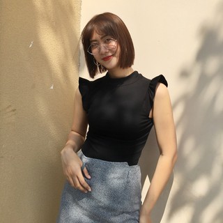 Áo croptop cổ lọ tay sát nách dúng bèo xinh xắn thun gân co giãn 4 chiều